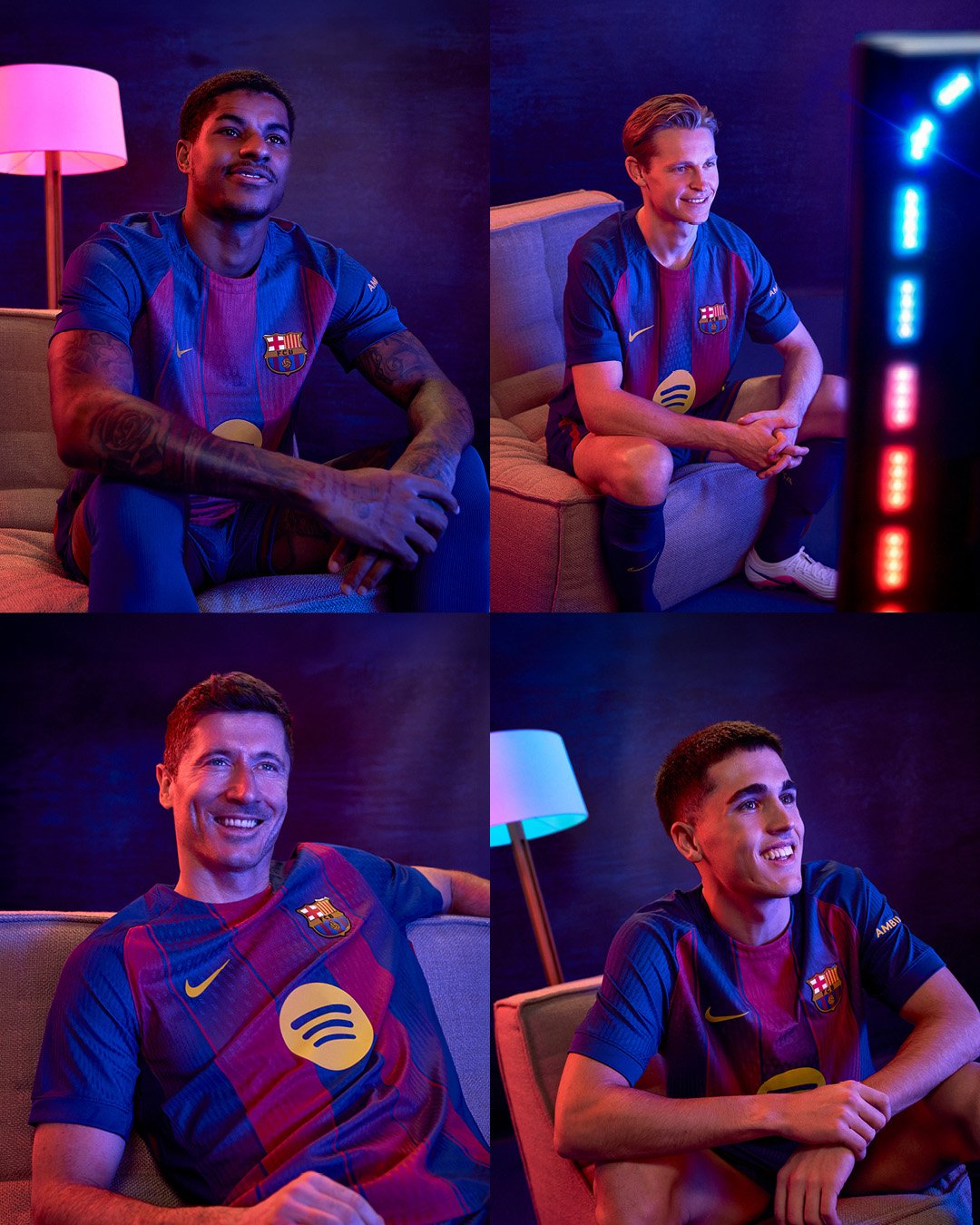 Marcus Rashford watching TV, Frenkie de Jong is watching TV, Robert Lewandowski is watching TV, Pau Cubarsí is watching TV
